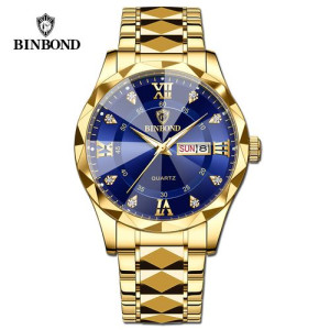 BINBOND 2521 Luxury Brand Luminous Quartz Watch For Men Golden Blue